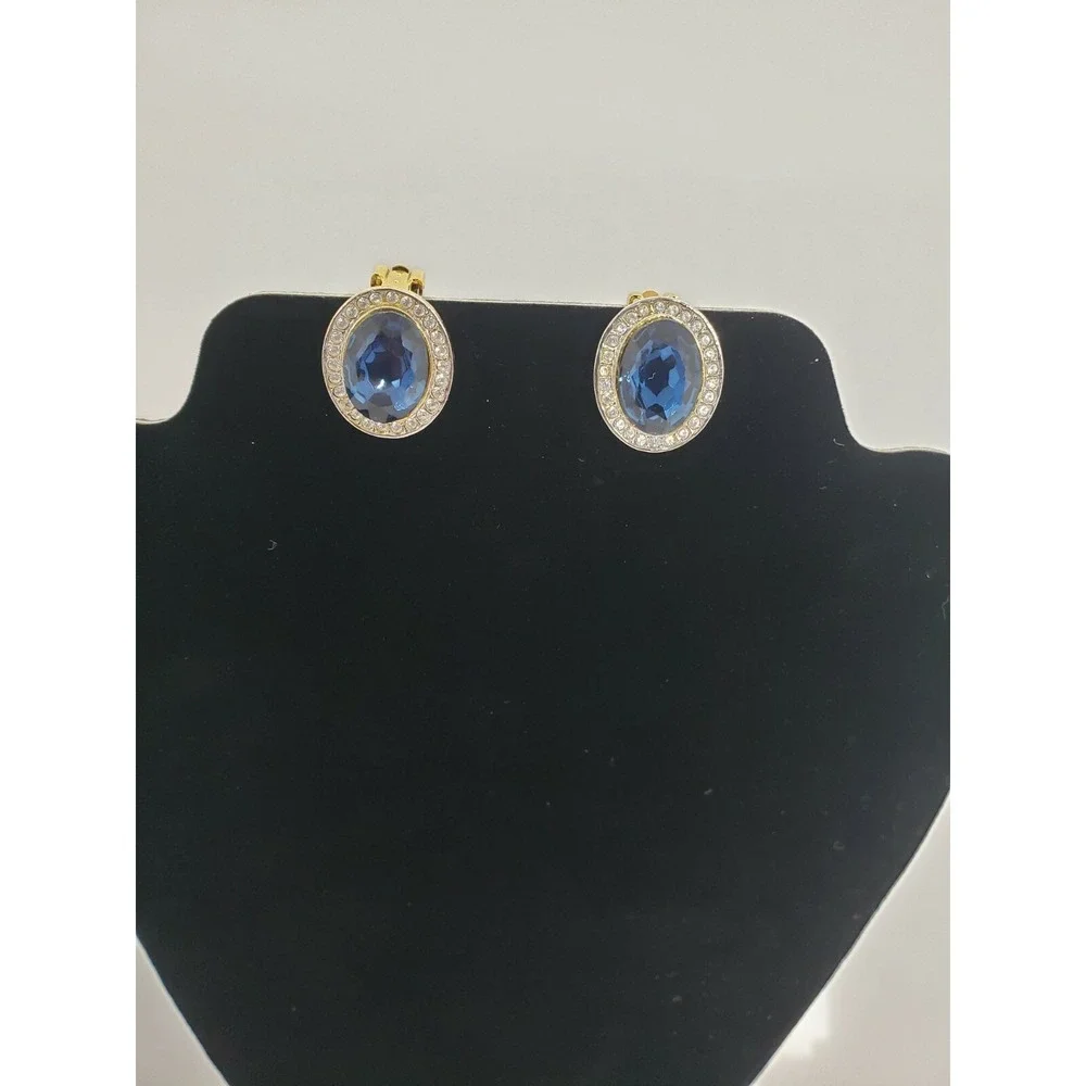 Gold Tone Oval‎ Rhinestones Blue Cut Glass Stone Clip On Fashion Earrings